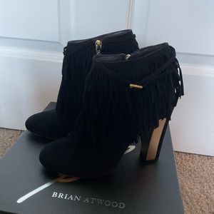 Beautiful Brian Atwood Pembra Suede Fringe Ankle Boots Size 6 1/2 BLACK